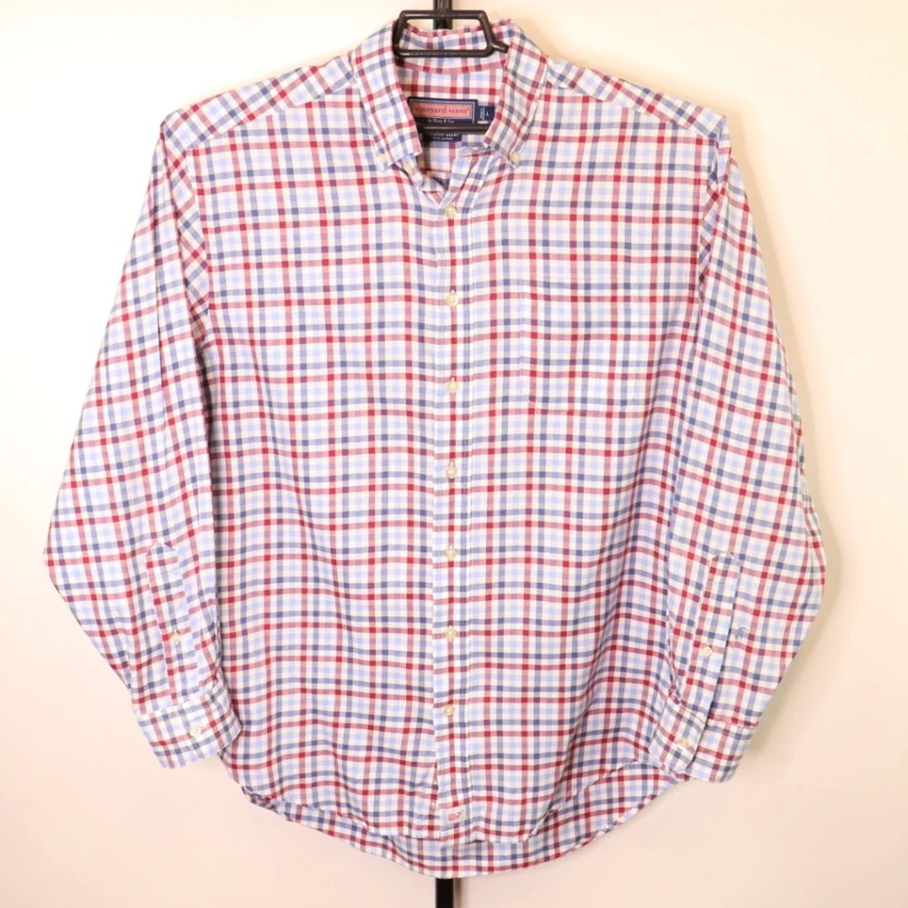 Vineyard Vines Red Blue Plaid Long Sleeve Shirt Size Large Mens